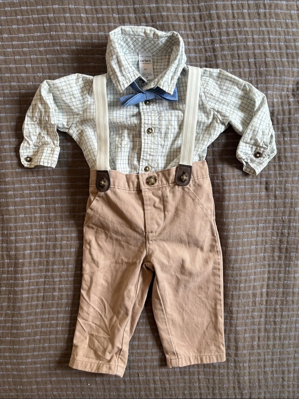 Carter's Just One You Baby 6M 3-Piece Plaid Bodysuit Pants Suspenders Bow Tie